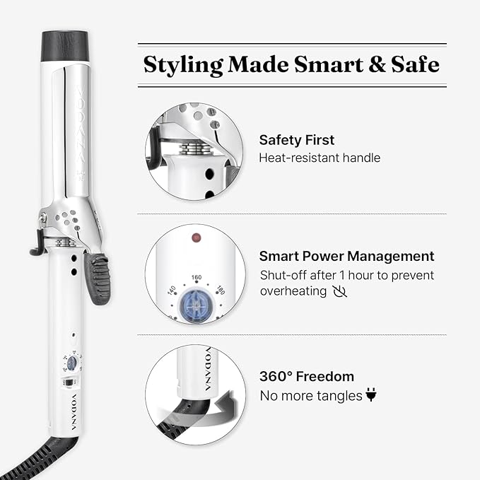VODANA Professional GlamWave Ceramic Curling Iron, Long-Lasting Natural Curls, Instant Heat, Hair Curler, Curling Wand, Available in USA (1.4 inch, White)