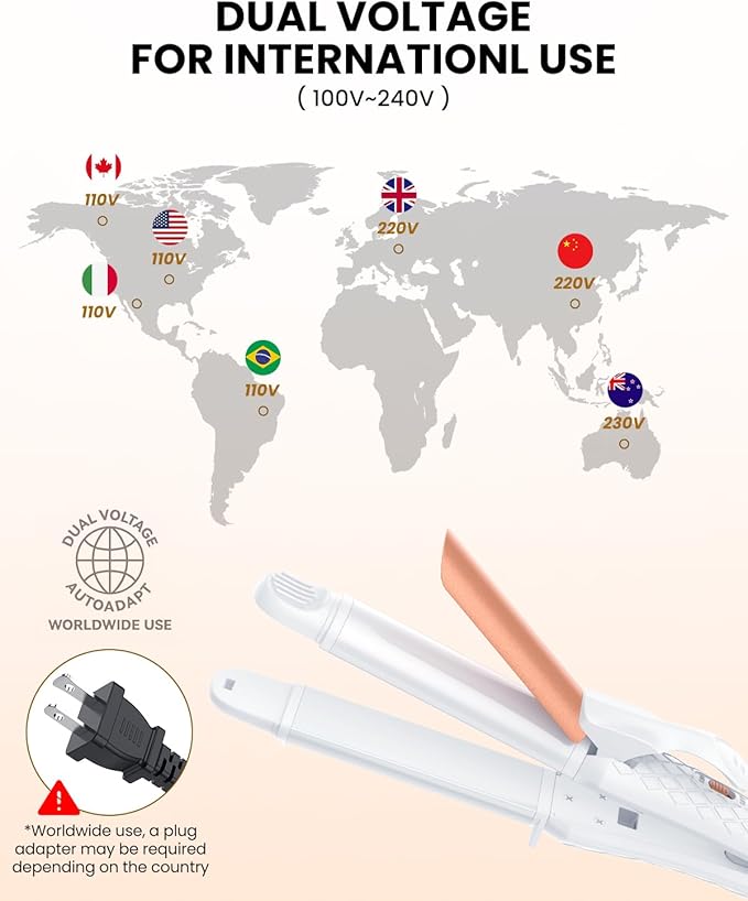 Dual Voltage Curling Iron 2-in-1 Curling Iron 1 Inch,(100V~240V) Dual Voltage Hair Straightener Travel Curling IRO n European Flat Iron (White)