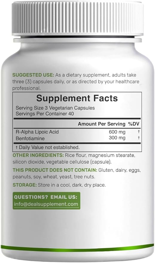 DEAL SUPPLEMENT R Alpha Lipoic Acid 600mg with Benfotiamine 300mg Per Serving, 120 Veggie Capsules – 200mg R-ALA Per Capsule – Antioxidant Supplement for Energy & Nervous System Support