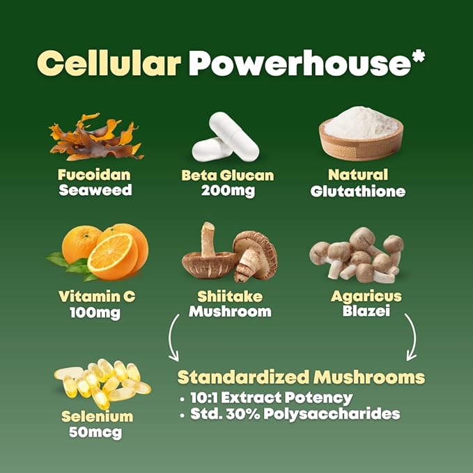 Beta Glucan & Fucoidan Brown Seaweed Extract - L Glutathione, Shiitake, Agaricus Blazei Mushroom, Vitamin C - Immune, Cellular, Healthy Aging Support - 90 Capsules, Non GMO, Gluten Free Supplement