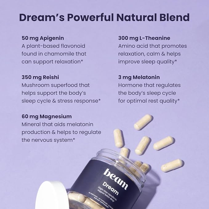 Beam Dream Sleep Capsules, L-Theanine, Apigenin, Reishi and Magnesium, Third Party Tested Natural Sleep Aid & Sleep Supplement for Deep Sleep, Relaxation and Recovery, Sleep Support, 30 Servings