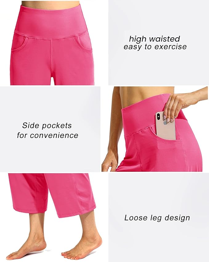 Promover Capri Pants for Women Wide Leg Yoga Cropped Pants with Pockets Loose Casual Summer Pants