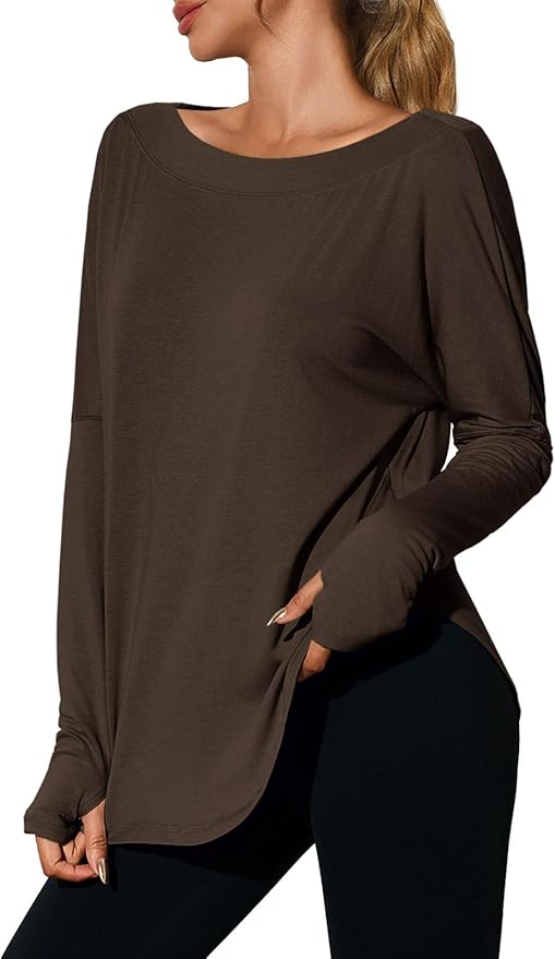 Tankaneo Womens Open Back Workout Shirts Casual Long Sleeve Boat Neck Tops Athletic Gym Yoga Tees with Thumb Holes