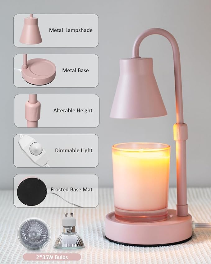 2 Pack Pink-Color Candle Warmer Lamp, Adjustable Height, Stepless Dimming Function Lamp Candle Warmer, Electric Wax Melt Warmer for Jar Candles, No Flame Scented Candle lamp with 2 Bulbs