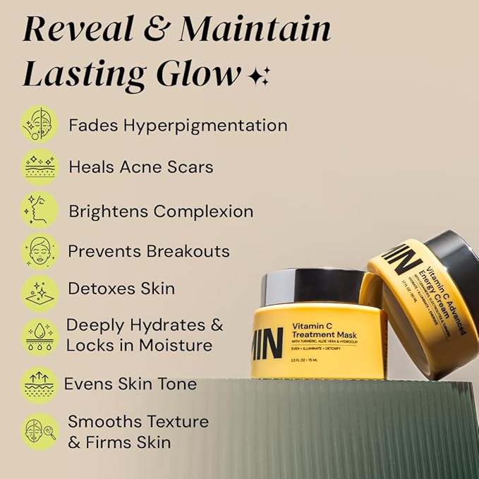 Gleamin Brightening Duo – Vitamin C Clay Mask & Advanced Brightening Moisturizer for Dark Spots, Uneven Tone & Glowing Skin