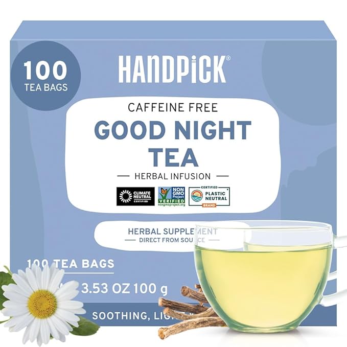 HANDPICK, Good Night Tea Bags (100 Count) Night Time Herbal Tea | Caffeine Free | Floral Blend - Lavender, Chamomile, Peppermint | Natural Tea, Perfect for Bedtime