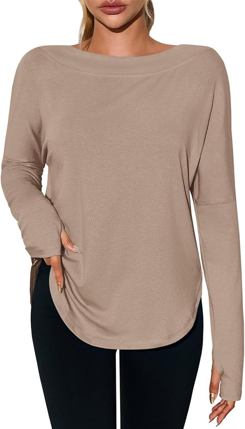 Tankaneo Womens Open Back Workout Shirts Casual Long Sleeve Boat Neck Tops Athletic Gym Yoga Tees with Thumb Holes