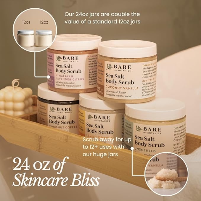 Bare Botanics Lavender Citrus Body Scrub 24oz | Made in Madison, WI | All Natural Himalayan Salt Exfoliator Skin Loving Moisturizers | Vegan & Cruelty Free | Gift Ready Packaging w/a Cute Wooden Spoon