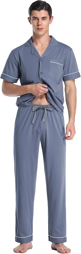 COLORFULLEAF Men's 100% Cotton Pajamas Set Button Down Sleepwear Short Sleeve and Long Pants Pjs