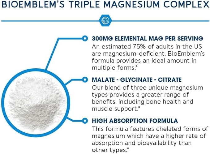 BioEmblem Triple Magnesium Complex | 300mg Magnesium Glycinate, Malate & Citrate | High Absorption Chelated Formula | Vegan, Non-GMO, Gluten-Free | 90 Capsules