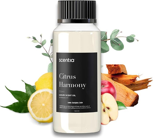 Scentia Citrus Harmony Essential Oil Blend – 120ml Premium Aromatherapy Diffuser Oil with Bright Notes of Lemon, Eucalyptus, Sage & Musk | Perfect for Home, Candles, Soaps & DIY
