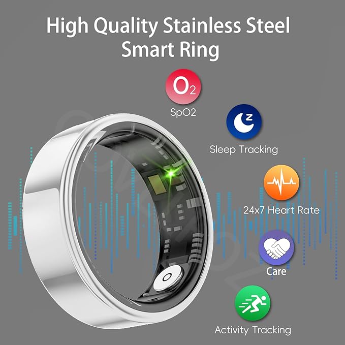 Smart Ring with Sleep Monitoring, Step Counting, Heart Rate, Blood Oxygen, Blood Pressure for iPhone and Android, No Subscription Fee, IP68 Waterproof Health Tracker (Silver, 10)