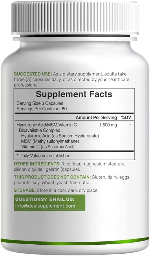 Deal Supplement Hyaluronic Acid Supplements 1,500mg – 240 Capsules, with MSM & Vitamin C – Pure 95% | Non-GMO + Plant Based HA – Supports Healthy Joints, Bones, Connective Tissue, & Skin Hydration