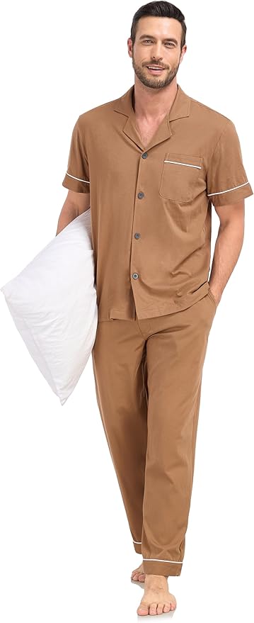 COLORFULLEAF Men's 100% Cotton Pajamas Set Button Down Sleepwear Short Sleeve and Long Pants Pjs