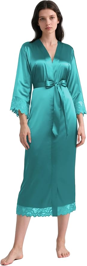 BABEYOND Satin Kimono Robe Silky Long Bridesmaid Wedding Lightweight Bath Robe with Lace Trim