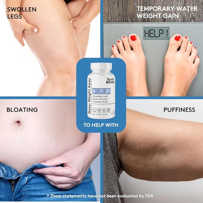 Youth & Tonic Natural Water Weight Away – Herbal Diuretic Pills for Bloating, Water Retention & Swelling Support for Women & Men – 60 Caps with Dandelion, Potassium, Green Tea & Apple Cider Vinegar