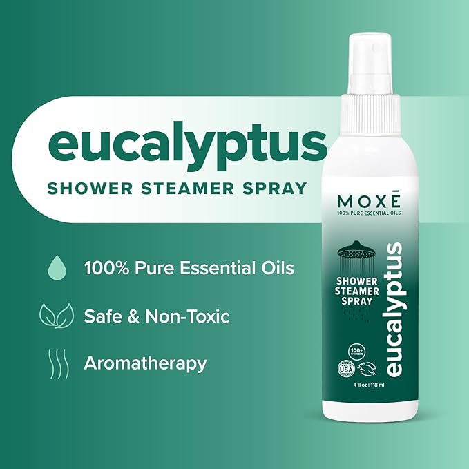MOXĒ Eucalyptus Oil Shower Mist, Spa Steam Spray, Certified Natural 100% Essential Oils, Made in USA, Aromatherapy, Sinus Congestion Relief, Tension Relief, 4 Ounces