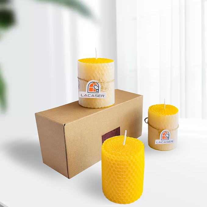 Lacaser Beeswax Pillar Candles Set of 3, 2.36" x 3" Pillar Candles,Unscented & Dripless & Smokeless, 8 Hours Burn Time, Yellow