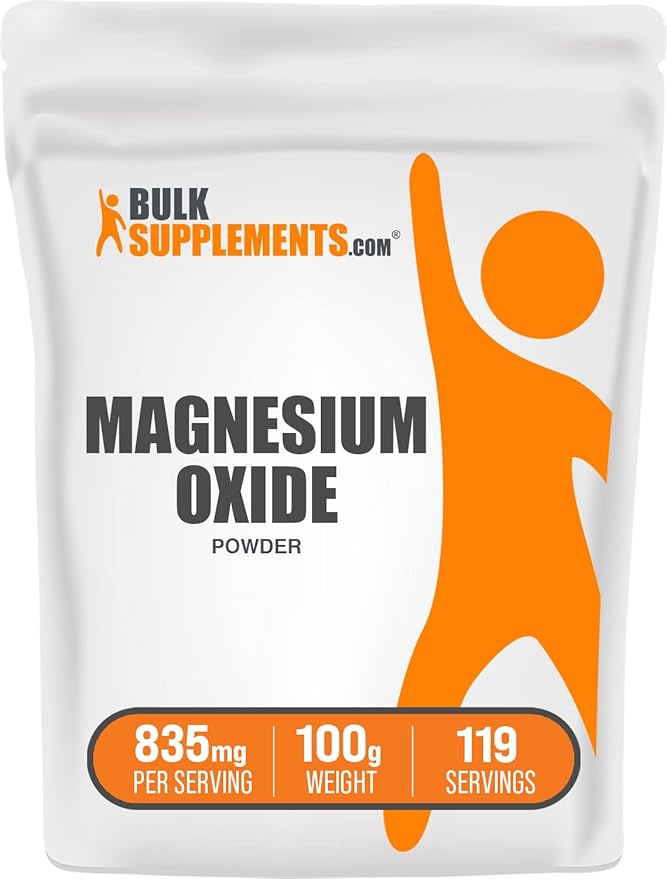 BulkSupplements.com Magnesium Oxide Powder - Magnesium Oxide Supplement, Mineral Supplement - Food Grade & Gluten Free, 835mg per Serving, 100g (3.5 oz) (Pack of 1)
