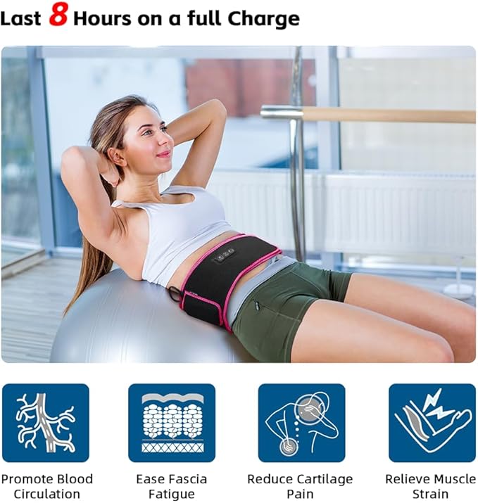 SHINE WELL Back Massager Belt for Pain Relief, Red Light Therapy Massage Belt with 3 Heat Levels and Vibrating, Lower Back Massager FSA Eligible,Battery Powered