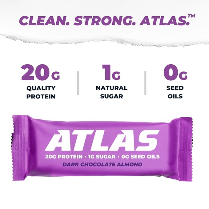 Atlas Protein Bar, 20g Protein, 1g Sugar, 0g Seed Oils, Clean Ingredients, Gluten Free - Dark Chocolate Almond, 12 Count