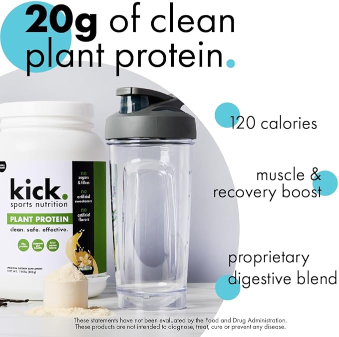 Kick Plant Protein Powder, Vanilla Flavor, 20 G Protein, Gluten Free Workout Supplement with Aminos Acids to Support Fitness Goals & Gut Health, No Sugar, No Artificial Flavors, 28 Servings