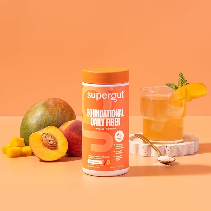 Supergut Foundational Daily Fiber Powder, Sugar Free & Vegan Prebiotic Fiber Blend for Gut Health & Digestive Support, Supplement for Men & Women with Solnul & Sunfiber, Peach Mango, 18 Servings