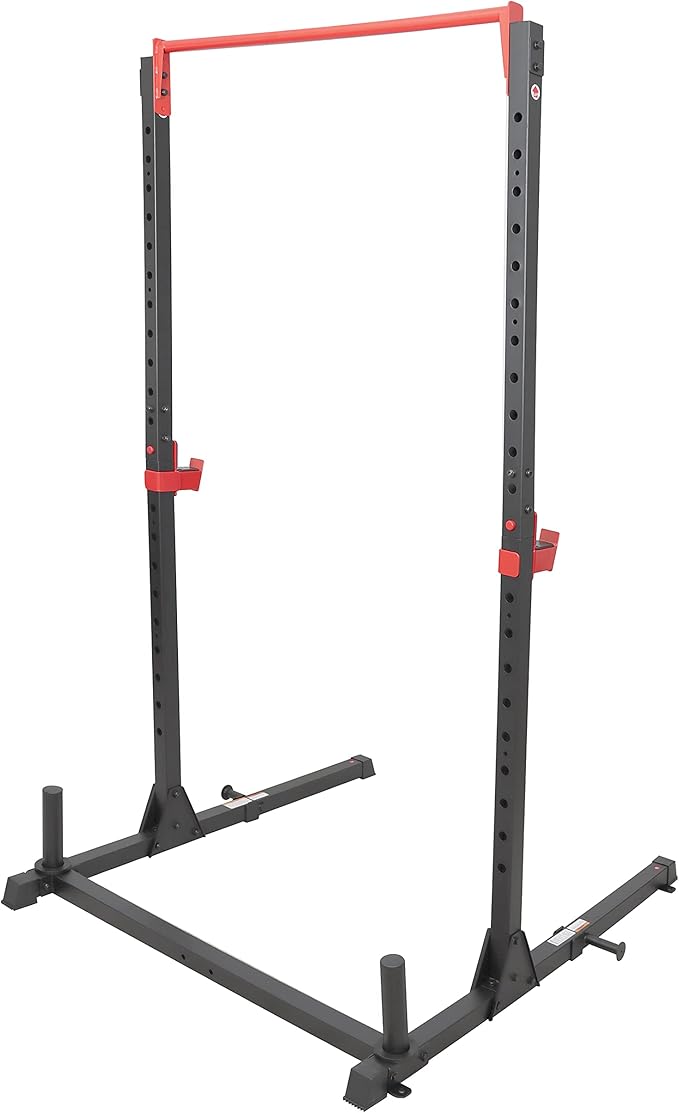 Sunny Health & Fitness Power Cage and Squat Rack In High Weight Capacity with J-Hooks, Adjustable Pull Up Bar, Weight Plate Holders, Resistance Band Posts