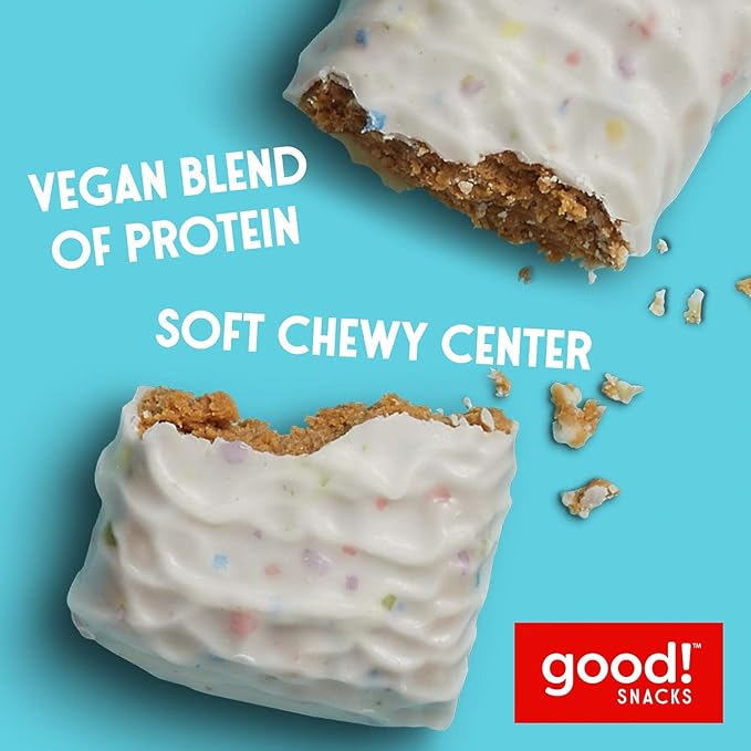 good! Snacks Birthday Cake Vegan Protein Bar, Soy & Gluten Free, Plant Based, Low Sugar, 15g Clean Protein, Natural Healthy Superfood Snack, Kosher Friendly, For Athletes & Active Lifestyles, 12 Bars