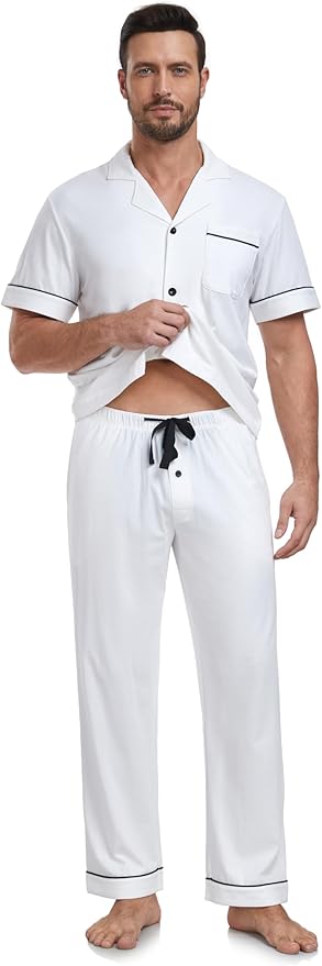 COLORFULLEAF Men's 100% Cotton Pajamas Set Button Down Sleepwear Short Sleeve and Long Pants Pjs