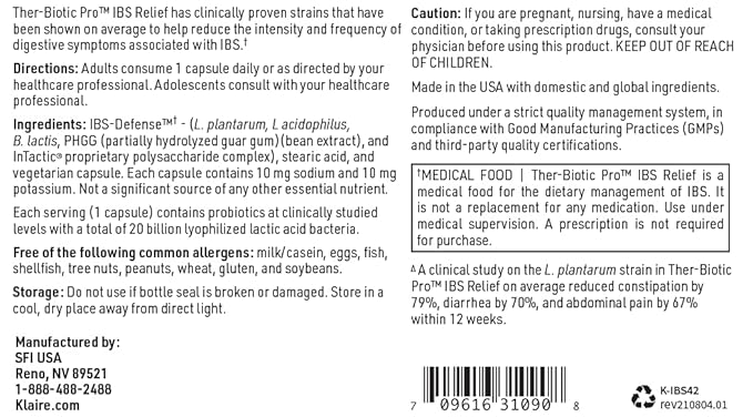 Klaire Labs SFI Health Ther-Biotic Pro IBS Relief for Women & Men - Prebiotics & Probiotics for IBS & Digestive Health - Ease Occasional Bloating, Constipation & Discomfort (42 Capsules)