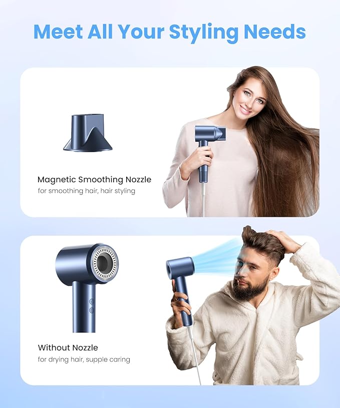 Hair Dryer, Ionic Blow Dryer, Professional High-Speed Hairdryer with 150,000 RPM Motor for Fast Drying, 5 Temps/3 Speeds Lightweight Hairdryer with Magnetic Nozzle for Home Travel Women Man