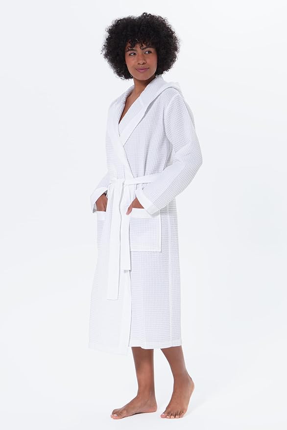 SEYANTE Women’s Luxury Waffle Shawl Collar, Hooded Robe w Piping – Lightweight, Long, Ultra Soft Spa Sleepwear Bathrobe