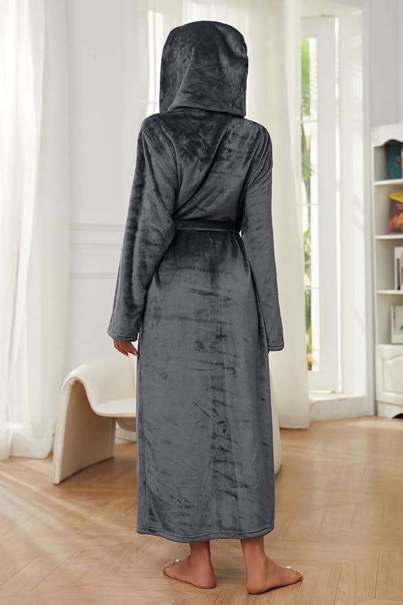 HEARTNICE Womens Long Hooded Robe, Soft Warm Fleece Bathrobes Full Length Plush House Coat
