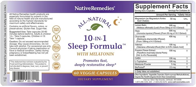 Native Remedies 10-in-1 Natural Sleep Aid for Adults & Kids 4+ – Herbal Sleep Supplement with Melatonin 5mg, Magnesium, Valerian Root, Chamomile & L-Tryptophan – Non-Habit Forming, Vegan, 60 Capsules