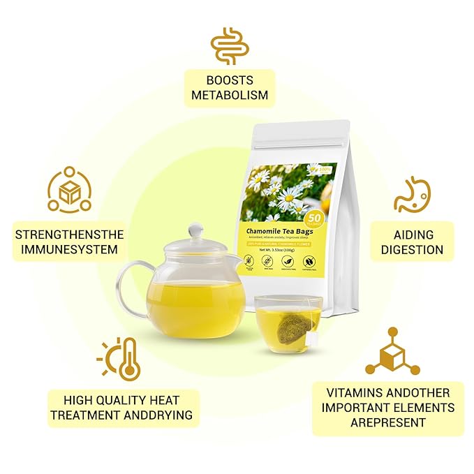 Chamomile Tea Bags, 100% Pure Natural Chamomile Flower Herbal Tea for Relaxation, Caffeine Free, Non-GMO, Additives Free,No Sugar/Gluten(1 Pack/100 Bags)