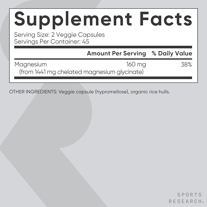 Sports Research® Magnesium Glycinate - Supports Restful Sleep & Enzymatic Processes - 160 mg Chelated Magnesium - Vegan Capsule - 90 Count