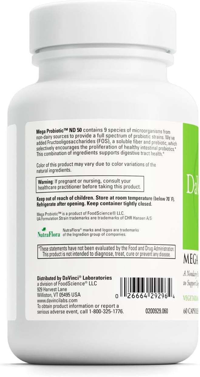 DAVINCI Labs Mega Probiotic ND 50 - Non-Dairy Probiotic Supplement with Prebiotic Fiber - Digestive & Immune Health Support* - Gut Support with Beneficial Bacteria* - 60 Vegetarian Capsules