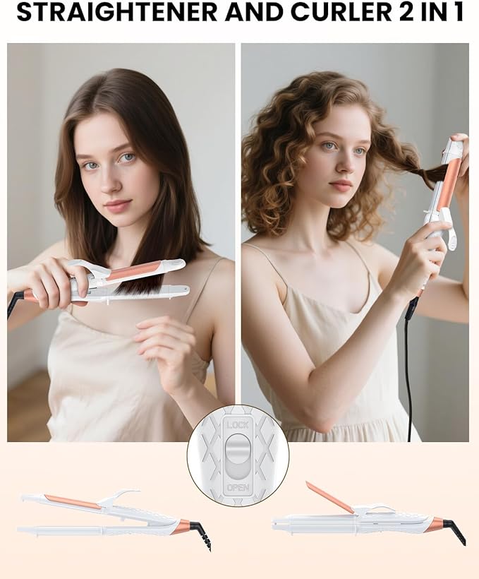 Dual Voltage Curling Iron 2-in-1 Curling Iron 1 Inch,(100V~240V) Dual Voltage Hair Straightener Travel Curling IRO n European Flat Iron (White)