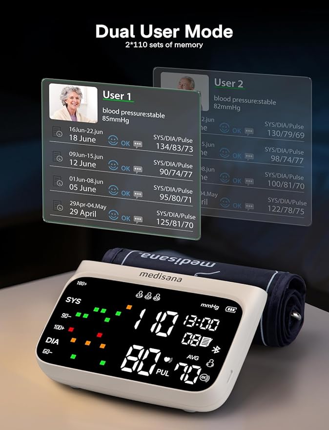 Medisana Cordless Arm Blood Pressure Monitor, Bluetooth Smart Blood Pressure Monitors for Home Use with App Tracking, Blood Pressure Machine with LED Color Dual-Display, Extra-Large Adult Cuff