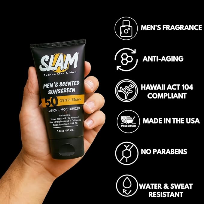 SLAM MysteryMan Men's Sunscreen Lotion SPF 50 & Moisturizer – Face & Body Sunblock, Anti-Aging, Water-Resistant, Hawaii Act 104 Safe, Daily Sport Skincare for Men, Scented – 3 fl oz. Double pack.