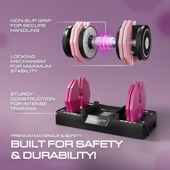 OVELY4YFIT Adjustable Dumbbell, 5-in-1 Weight Options (4.5-22.5LB), Quick 1-Second Weight Adjustment, Anti-Slip Metal Handle, Compact Design with Pink Gradient Plates, Perfect for Women & Home Gym Workouts