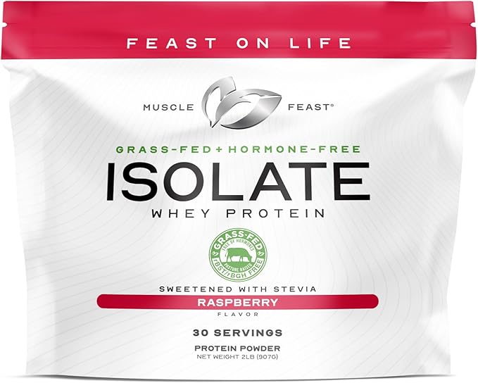 Muscle Feast Grass-Fed Whey Protein Isolate, All Natural Hormone Free Pasture Raised, Whey Isolate Protein Powder for Men and Women, Clean, Gluten-Free, Delicious Isolate Protein - Rasberry, 2lb