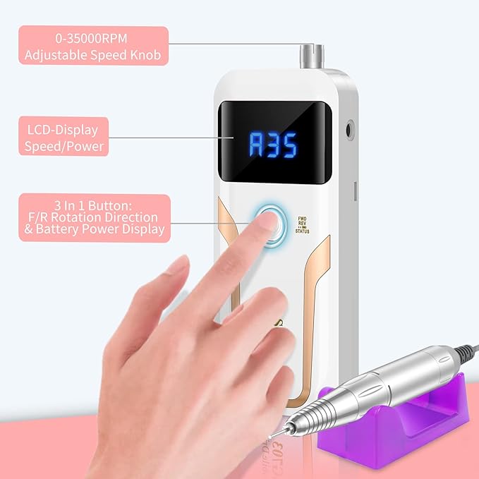 Portable Nail Drill Professional 35000 RPM, MOCOWIND Rechargeable Electric Nail File Machine E File for Acrylic Gel Polishing Removing, Cordless E-File with Bits Kit for Manicure Salon Home, White