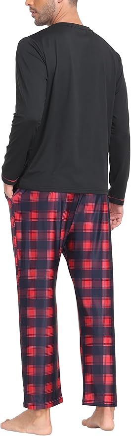 MoFiz Men's Pajamas Plaid Sets Sleepwear Sleep Long Sleeve Shirts and Pants Pajama Set Soft Mens Pjs Lounge Set with Pockets