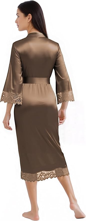 BABEYOND Satin Kimono Robe Silky Long Bridesmaid Wedding Lightweight Bath Robe with Lace Trim