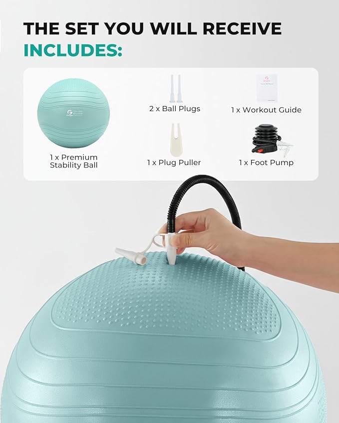 Gruper Yoga Ball, Extra Thick Exercise Ball for Workout Pregnancy Stability - 4 Sizes Anti Burst Balance Ball for Yoga, Pilates, Fitness, Birthing, Physical Therapy - Includes Pump