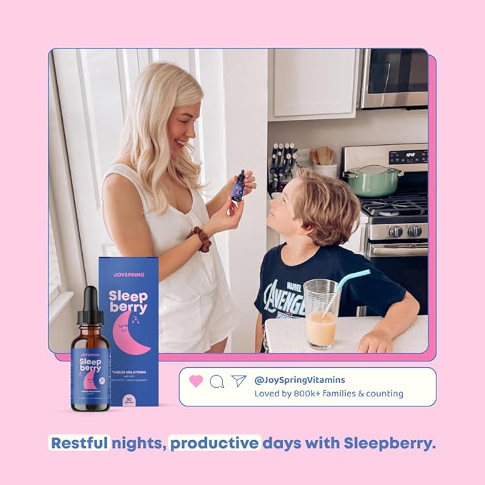 JoySpring Sleepberry Kids Melatonin 3 mg – Liquid Sleep Aid with L Theanine, High Absorption Berry Drops (2 fl oz) 60 Servings, Children's Melatonin with Vitamin D Kids Travel Essentials