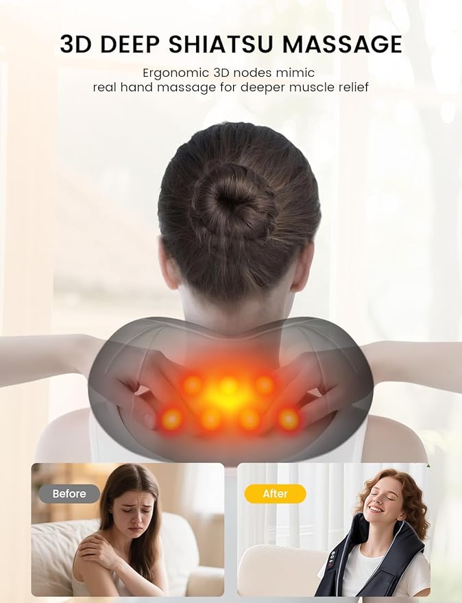 RIKE Shiatsu Back & Neck Massager with Heat, Electric Back Massager for Pain Relief Deep Tissue 3D Kneading Massage Pillow for Home, Office, and Car Use