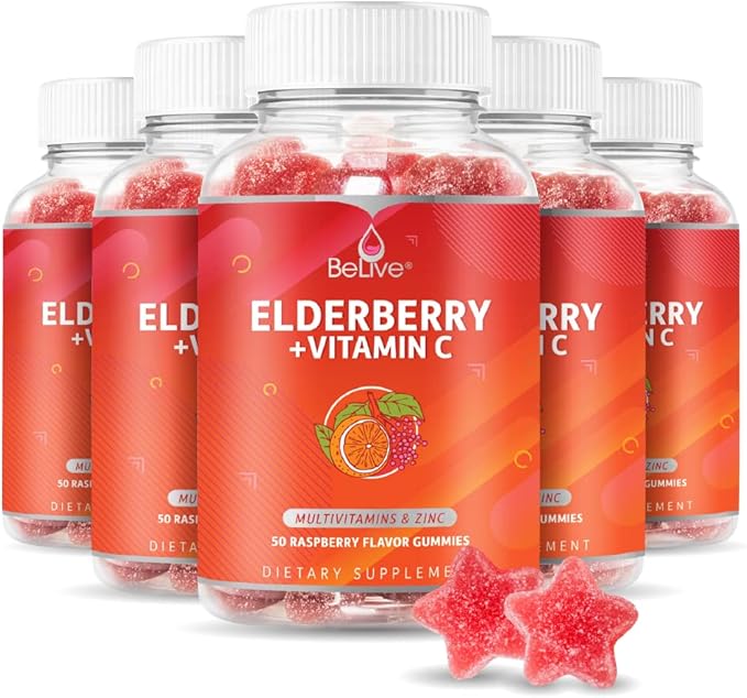 BeLive Elderberry Gummies with Vitamin C - Double Strength Elderberries Extract - Zinc, Multivitamins, B-Complex - for Immune Support Vitamins, Raspberry Flavor (250 Ct - 5 Packs)